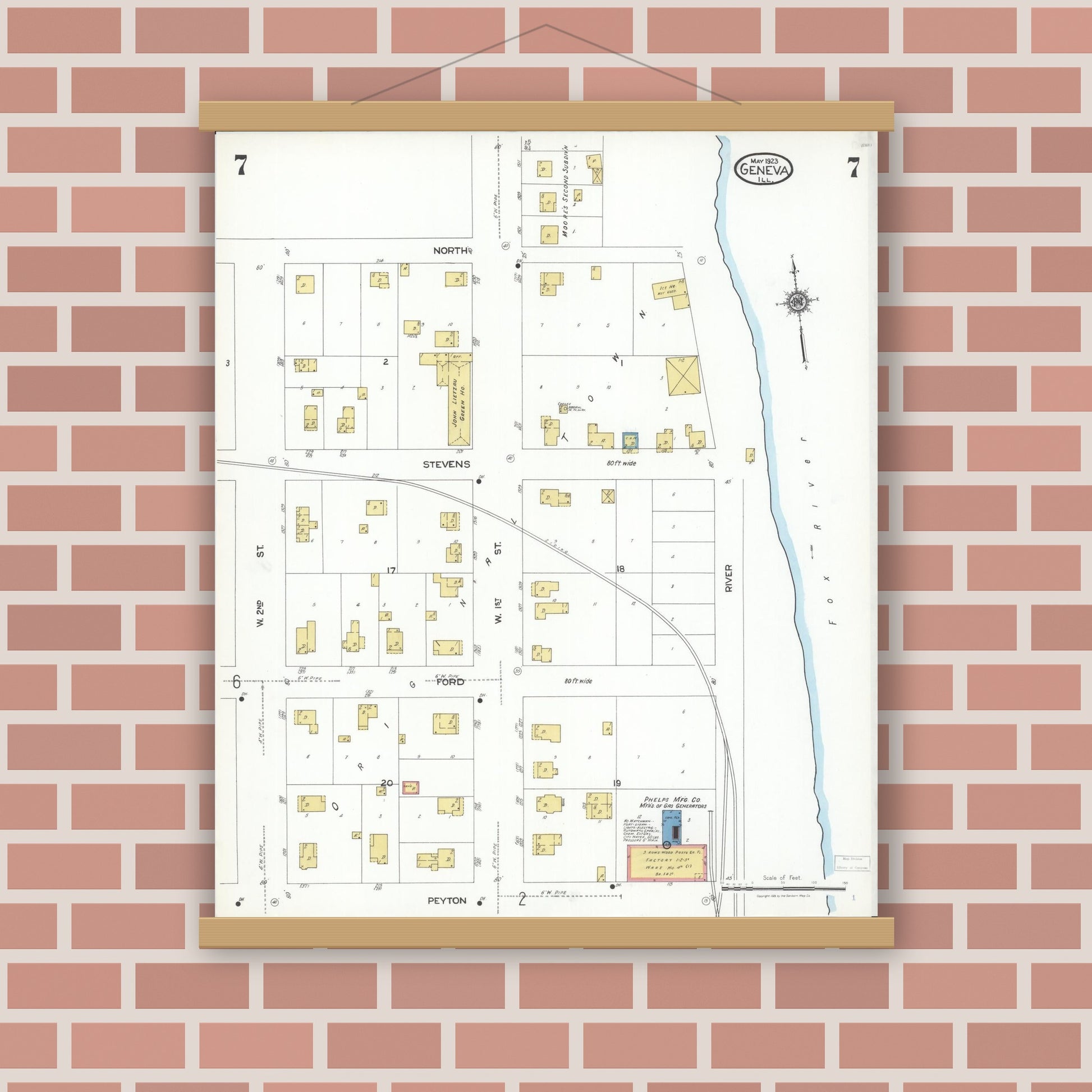 Old map wall art mockup — magnetic wood frame on brick wall — Sanborn Fire Insurance Map from Geneva, Kane County, Illinois (1923), Sheet #0007