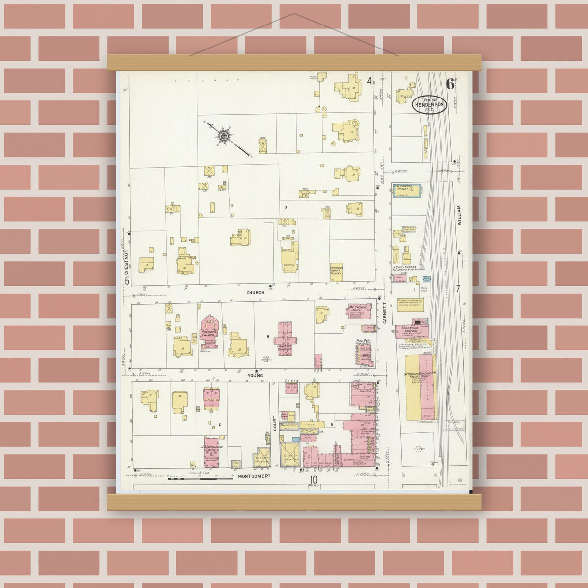 Old map wall art mockup — magnetic wood frame on brick wall — Sanborn Fire Insurance Map from Henderson, Vance County, North Carolina (1912), Sheet #0006