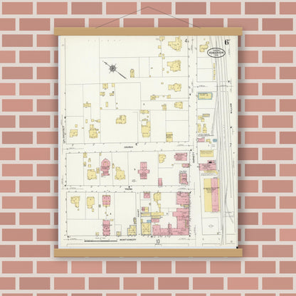 Old map wall art mockup — magnetic wood frame on brick wall — Sanborn Fire Insurance Map from Henderson, Vance County, North Carolina (1912), Sheet #0006
