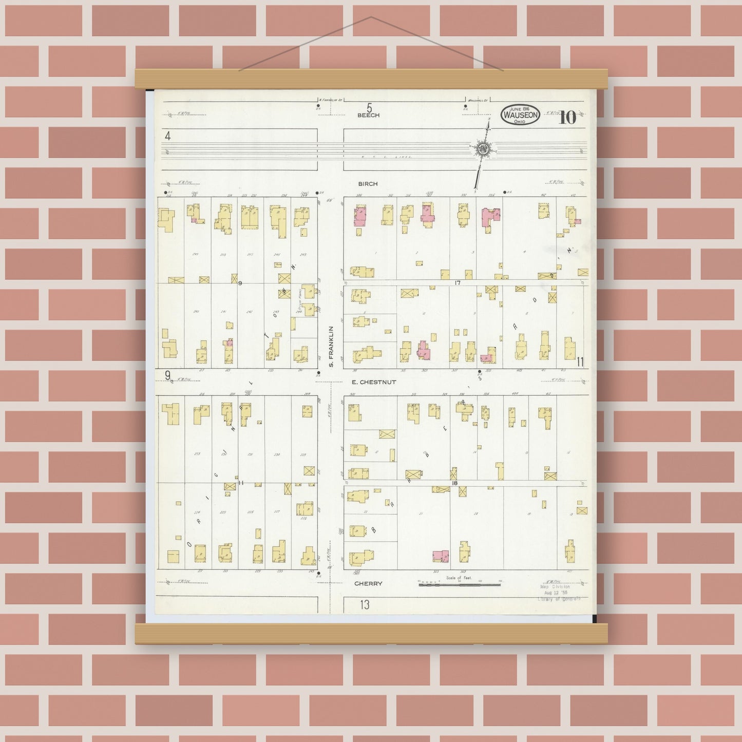 Old map wall art mockup — magnetic wood frame on brick wall — Sanborn Fire Insurance Map from Wauseon, Fulton County, Ohio (1916), Sheet #0010