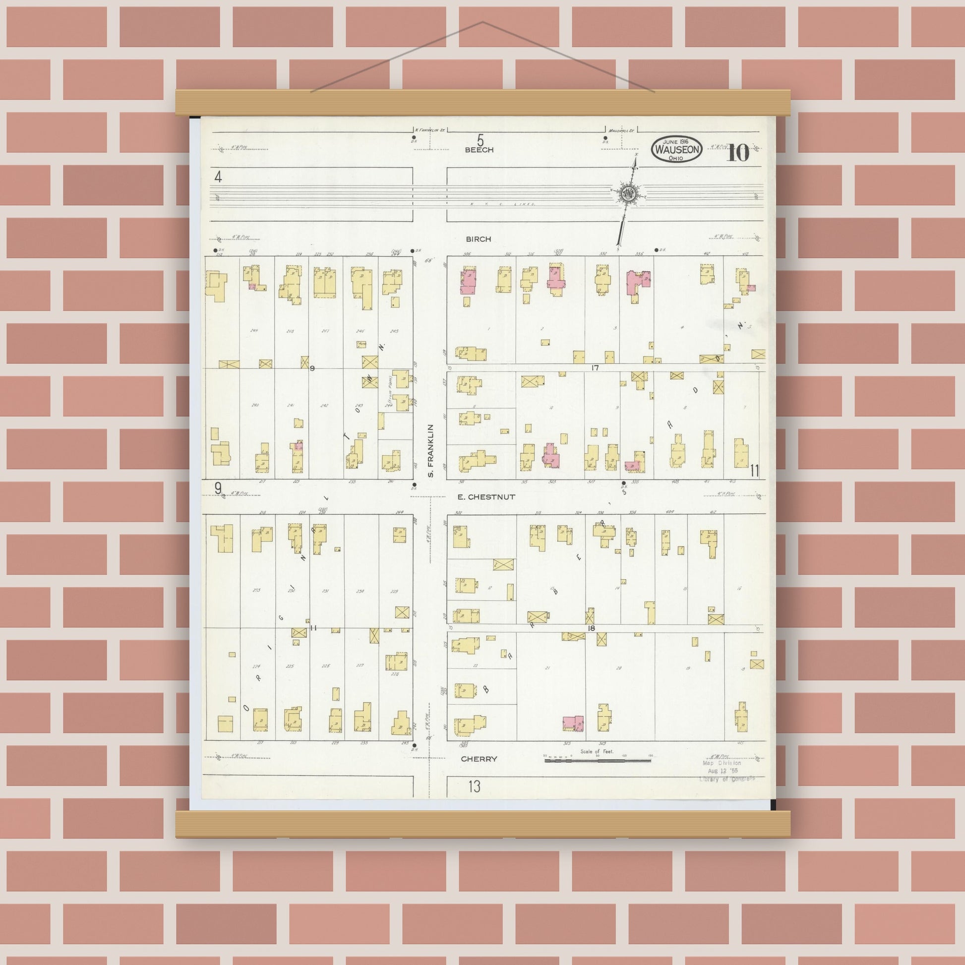 Old map wall art mockup — magnetic wood frame on brick wall — Sanborn Fire Insurance Map from Wauseon, Fulton County, Ohio (1916), Sheet #0010