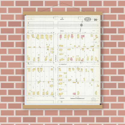 Old map wall art mockup — magnetic wood frame on brick wall — Sanborn Fire Insurance Map from Wauseon, Fulton County, Ohio (1916), Sheet #0010