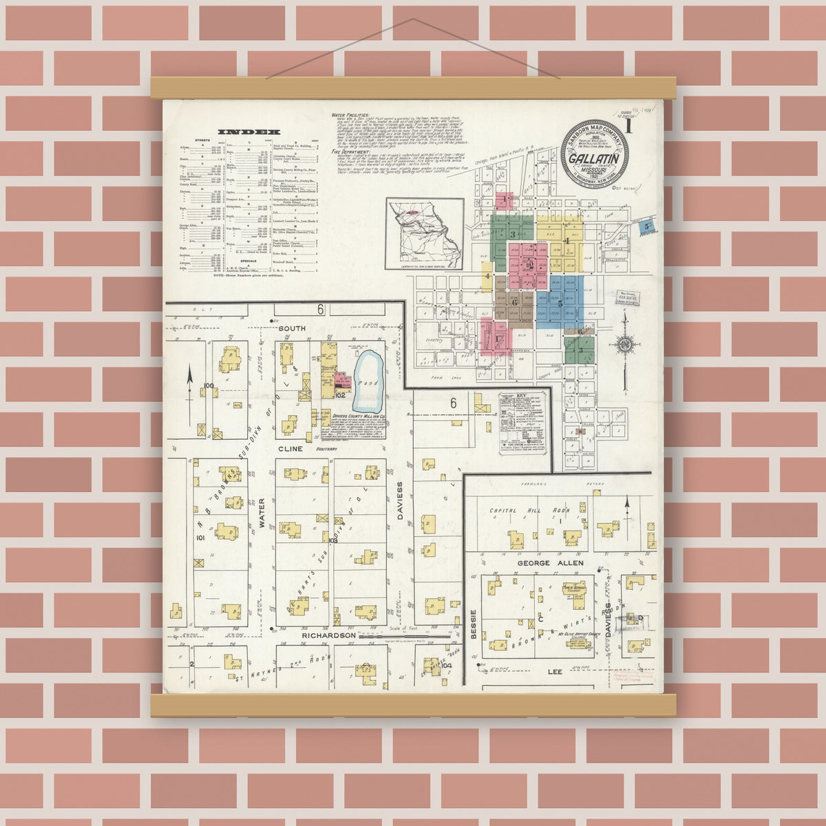 Old map wall art mockup — magnetic wood frame on brick wall — Sanborn Fire Insurance Map from Gallatin, Daviess County, Missouri (1921), Sheet #0001