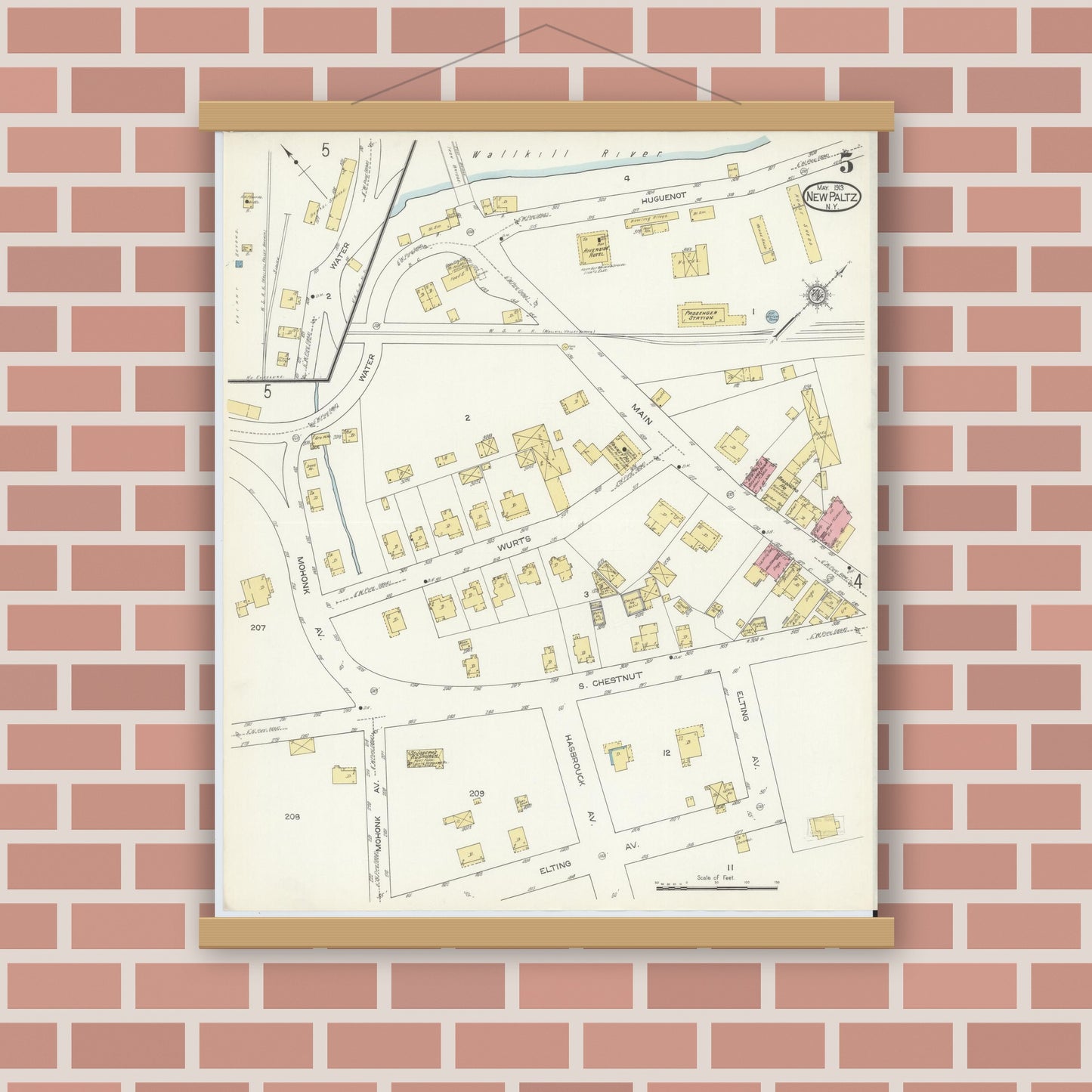 Old map wall art mockup — magnetic wood frame on brick wall — Sanborn Fire Insurance Map from New Paltz, Ulster County, New York (1913), Sheet #0005