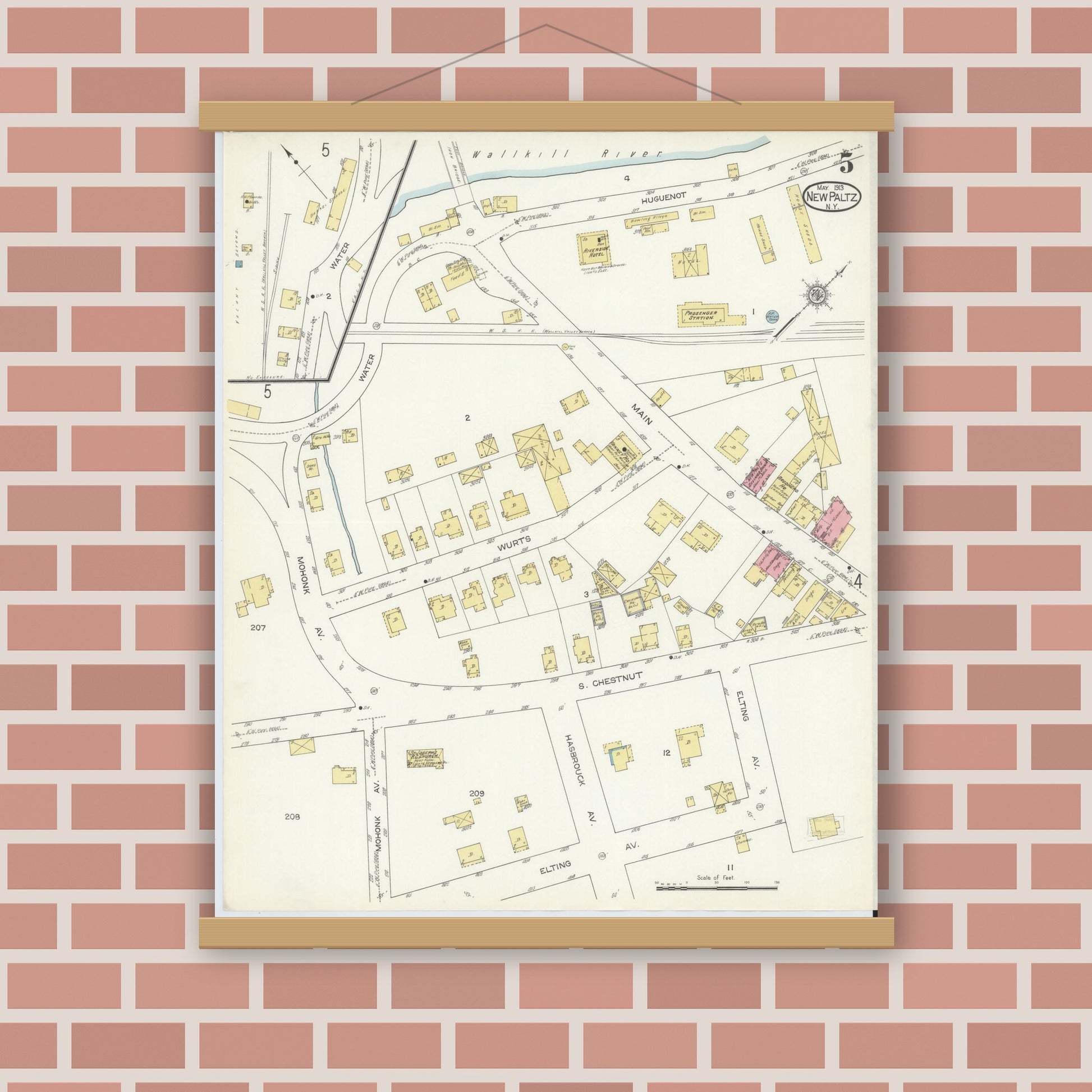 Old map wall art mockup — magnetic wood frame on brick wall — Sanborn Fire Insurance Map from New Paltz, Ulster County, New York (1913), Sheet #0005