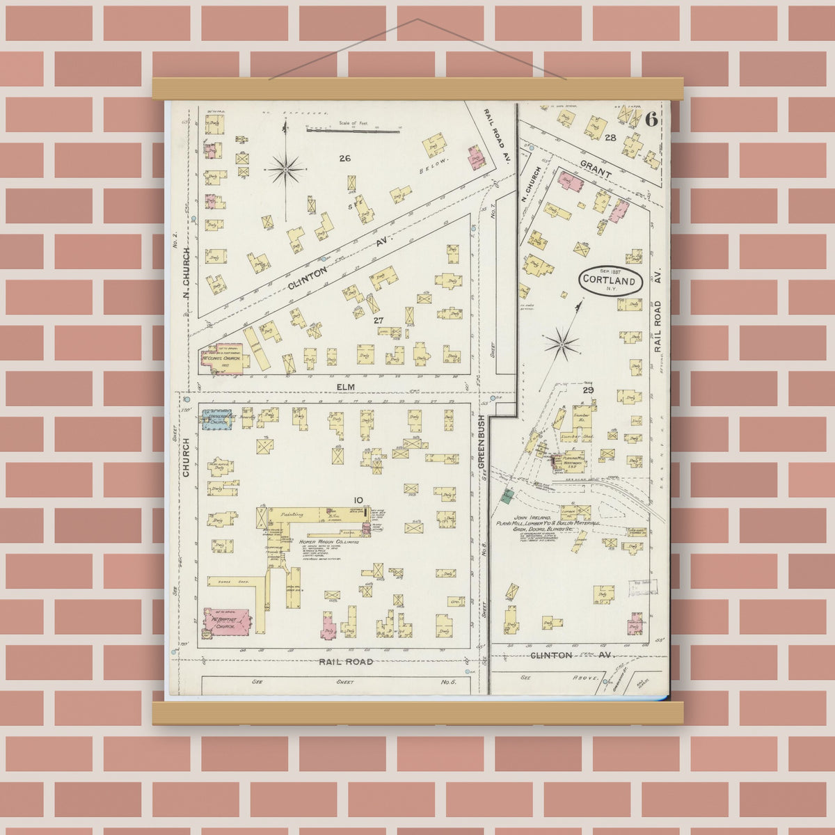 Old map wall art mockup — magnetic wood frame on brick wall — Sanborn Fire Insurance Map from Cortland, Cortland County, New York (1887), Sheet #0006