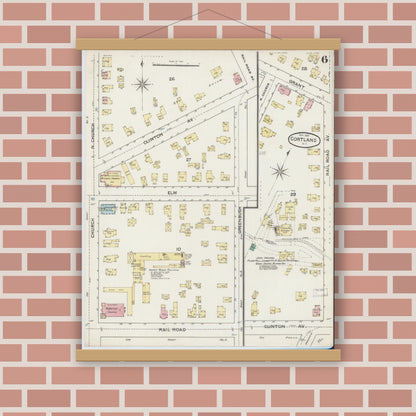 Old map wall art mockup — magnetic wood frame on brick wall — Sanborn Fire Insurance Map from Cortland, Cortland County, New York (1887), Sheet #0006