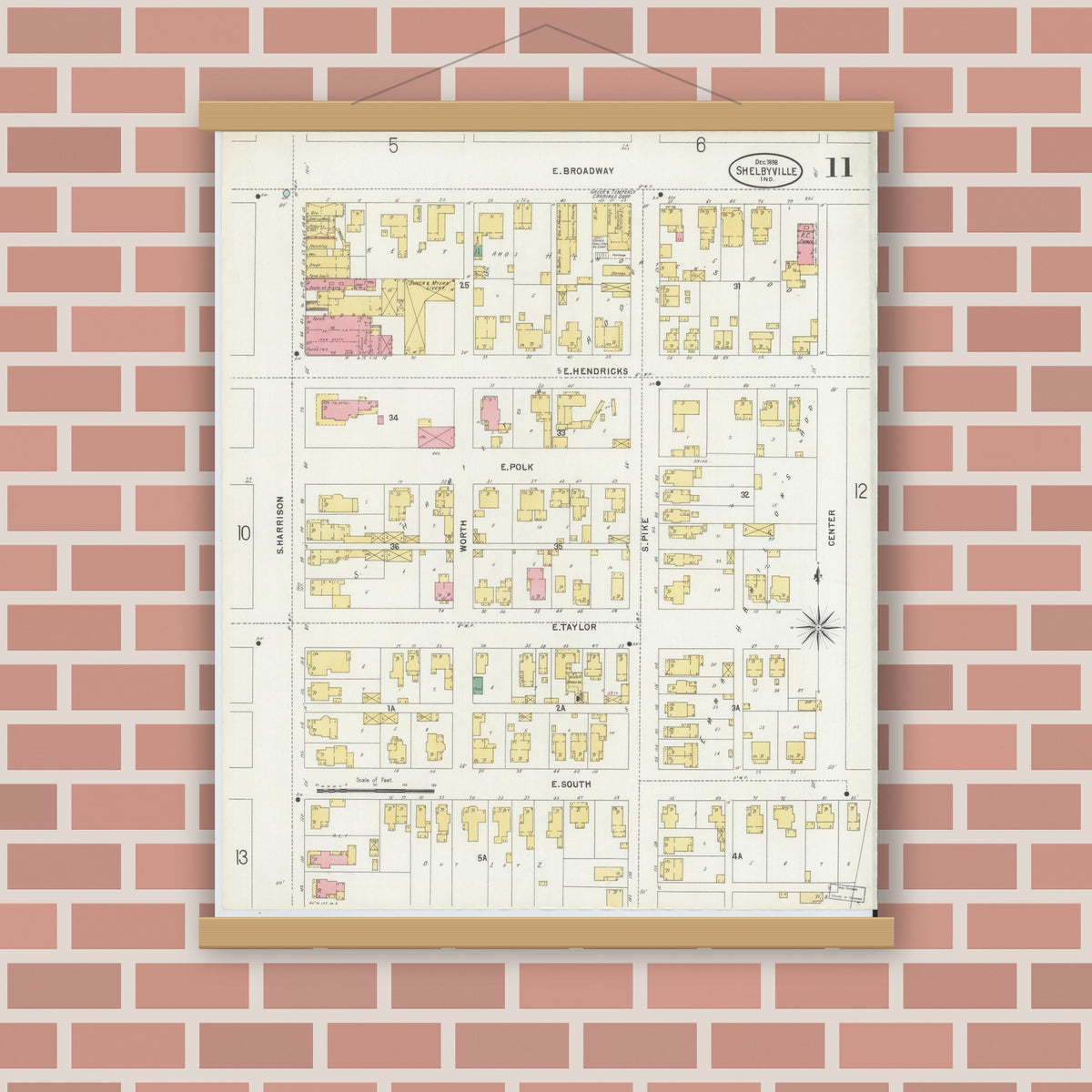 Old map wall art mockup — magnetic wood frame on brick wall — Sanborn Fire Insurance Map from Shelbyville, Shelby County, Indiana (1898), Sheet #0011
