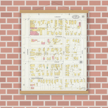 Old map wall art mockup — magnetic wood frame on brick wall — Sanborn Fire Insurance Map from Shelbyville, Shelby County, Indiana (1898), Sheet #0011