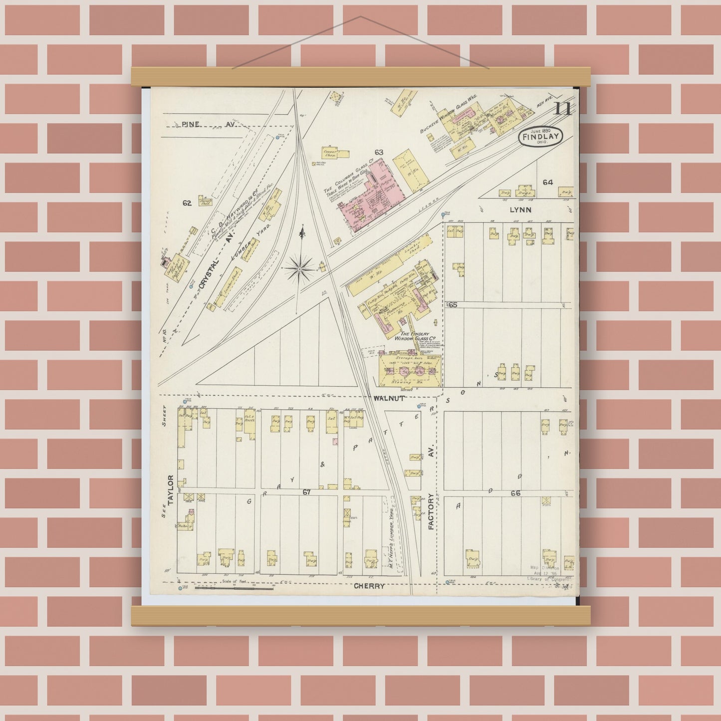 Old map wall art mockup — magnetic wood frame on brick wall — Sanborn Fire Insurance Map from Findlay, Hancock County, Ohio (1890), Sheet #0011