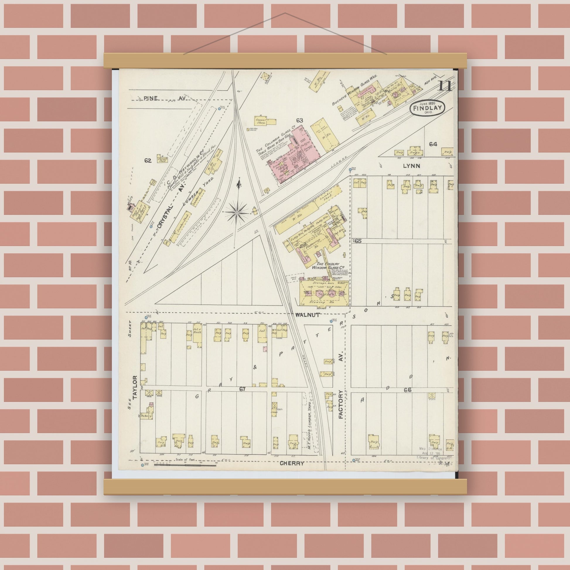 Old map wall art mockup — magnetic wood frame on brick wall — Sanborn Fire Insurance Map from Findlay, Hancock County, Ohio (1890), Sheet #0011