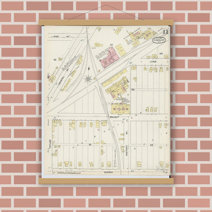 Old map wall art mockup — magnetic wood frame on brick wall — Sanborn Fire Insurance Map from Findlay, Hancock County, Ohio (1890), Sheet #0011