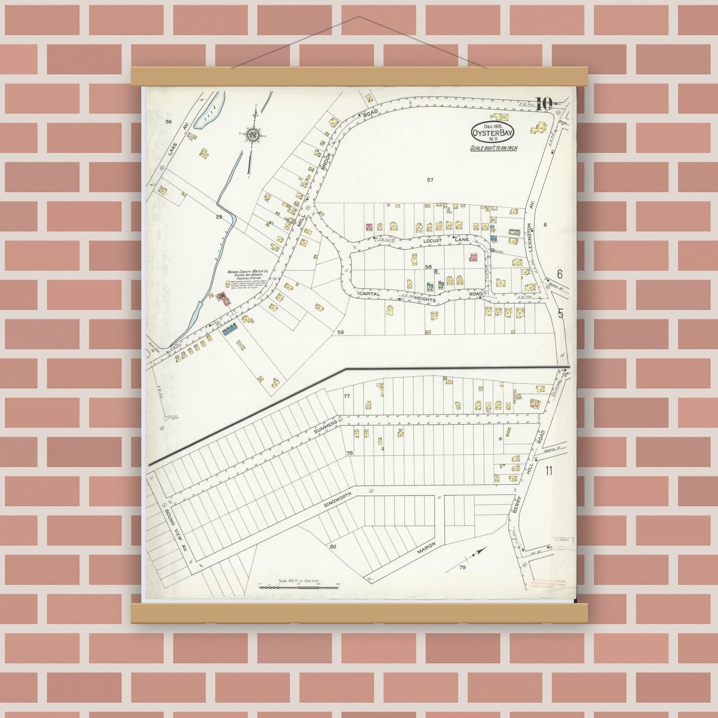 Old map wall art mockup — magnetic wood frame on brick wall — Sanborn Fire Insurance Map from Oyster Bay, Nassau County, New York (1915), Sheet #0010