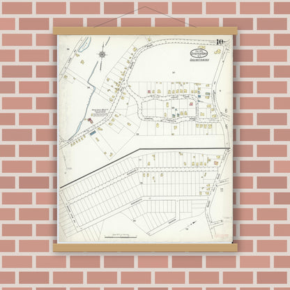 Old map wall art mockup — magnetic wood frame on brick wall — Sanborn Fire Insurance Map from Oyster Bay, Nassau County, New York (1915), Sheet #0010