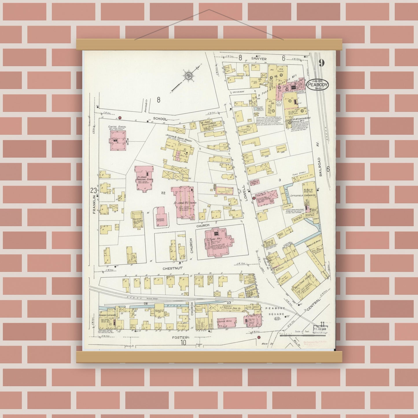 Old map wall art mockup — magnetic wood frame on brick wall — Sanborn Fire Insurance Map from Peabody, Essex County, Massachusetts (1914), Sheet #0009