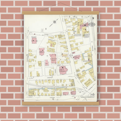Old map wall art mockup — magnetic wood frame on brick wall — Sanborn Fire Insurance Map from Peabody, Essex County, Massachusetts (1914), Sheet #0009