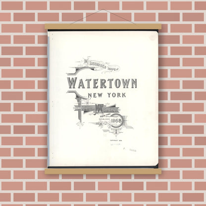 Old map wall art mockup — magnetic wood frame on brick wall — Sanborn Fire Insurance Map from Watertown, Jefferson County, New York (1958), Sheet #0001