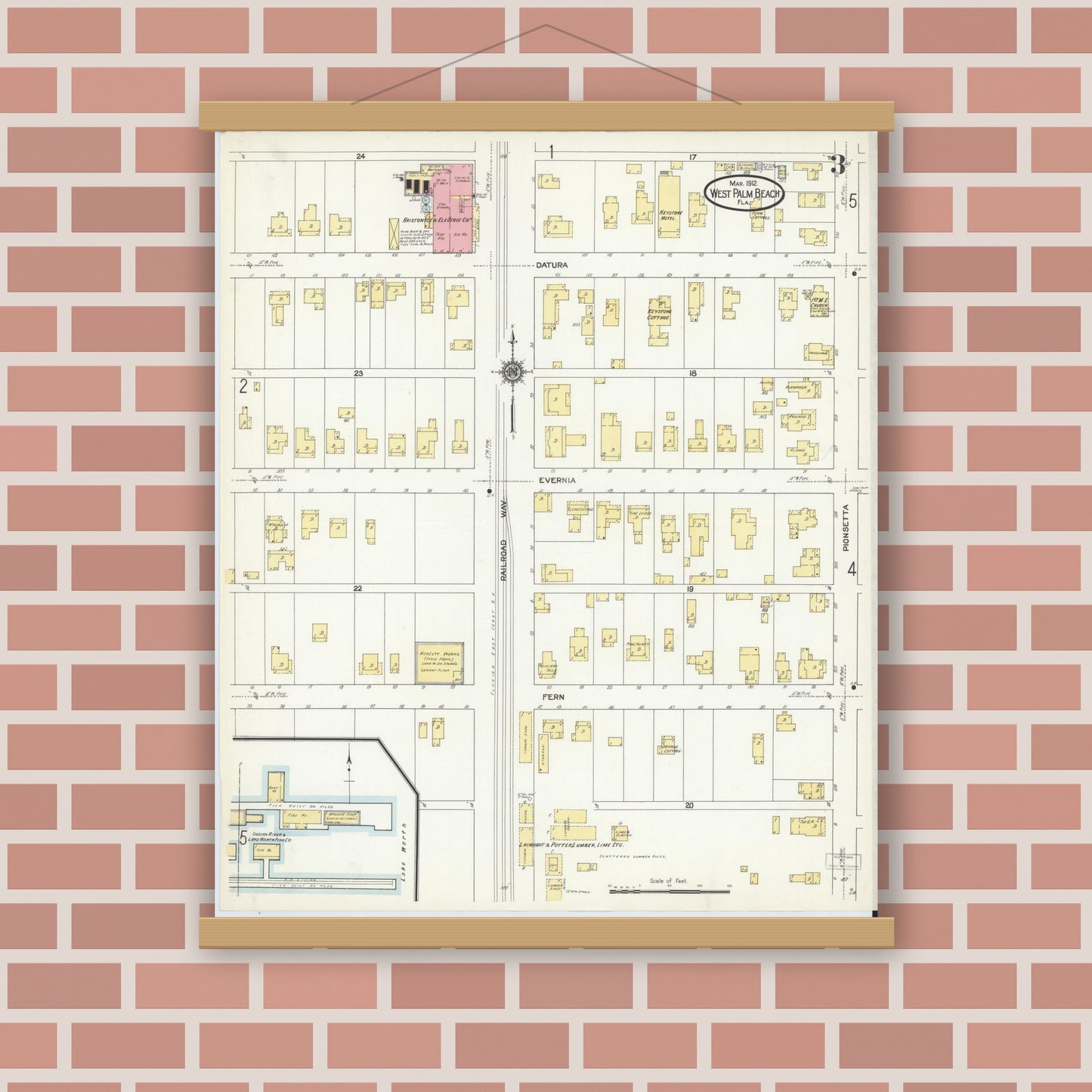 Old map wall art mockup — magnetic wood frame on brick wall — Sanborn Fire Insurance Map from West Palm Beach, Dade County, Florida (1912), Sheet #0003