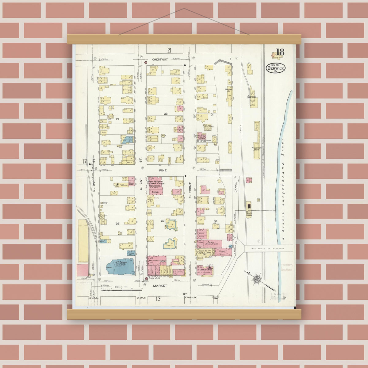 Old map wall art mockup — magnetic wood frame on brick wall — Sanborn Fire Insurance Map from Berwick, Columbia County, Pennsylvania (1913), Sheet #0018