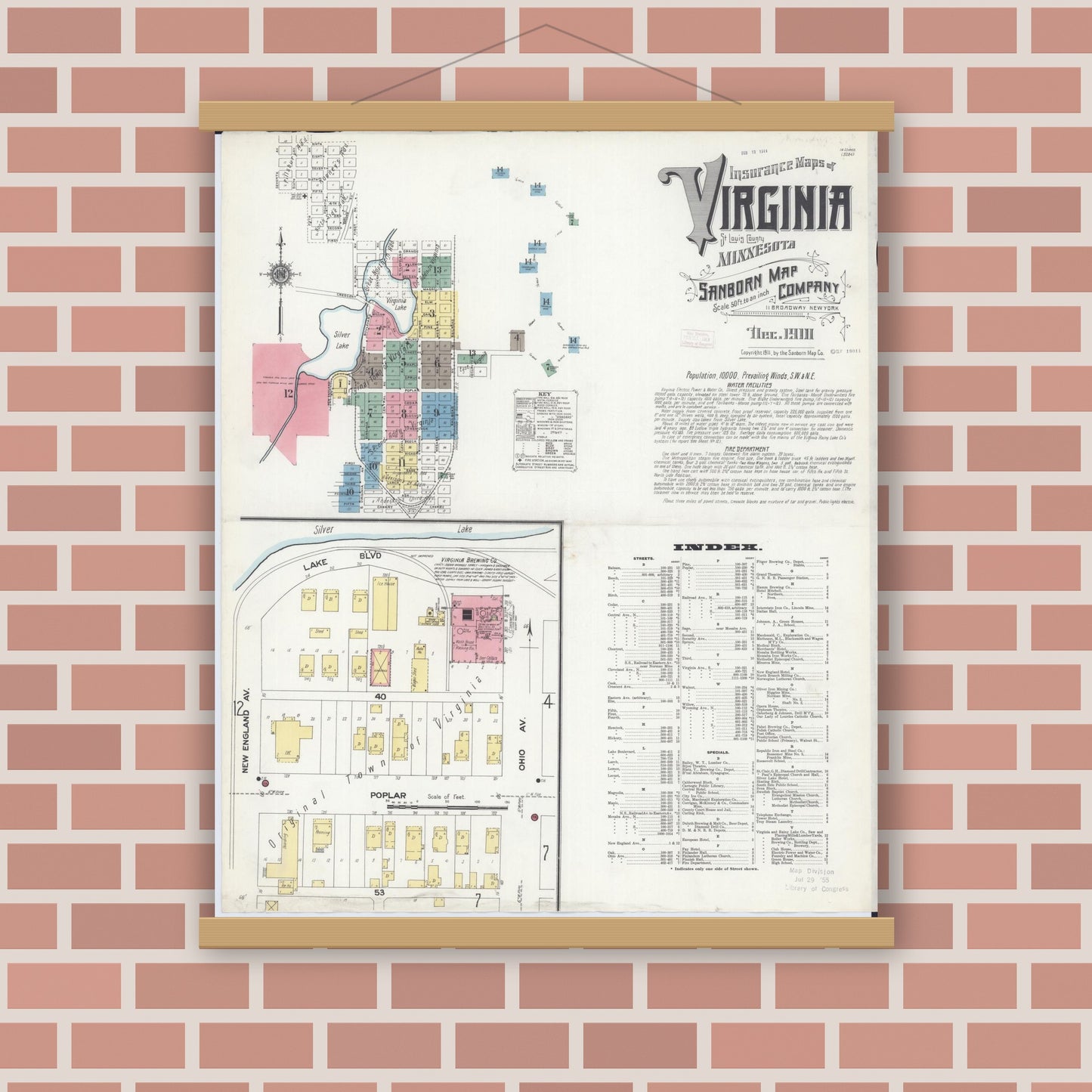 Old map wall art mockup — magnetic wood frame on brick wall — Sanborn Fire Insurance Map from Virginia, Saint Louis County, Minnesota (1910) - Complete Map Set