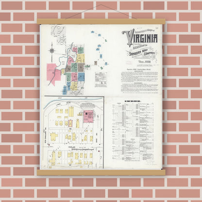 Old map wall art mockup — magnetic wood frame on brick wall — Sanborn Fire Insurance Map from Virginia, Saint Louis County, Minnesota (1910) - Complete Map Set