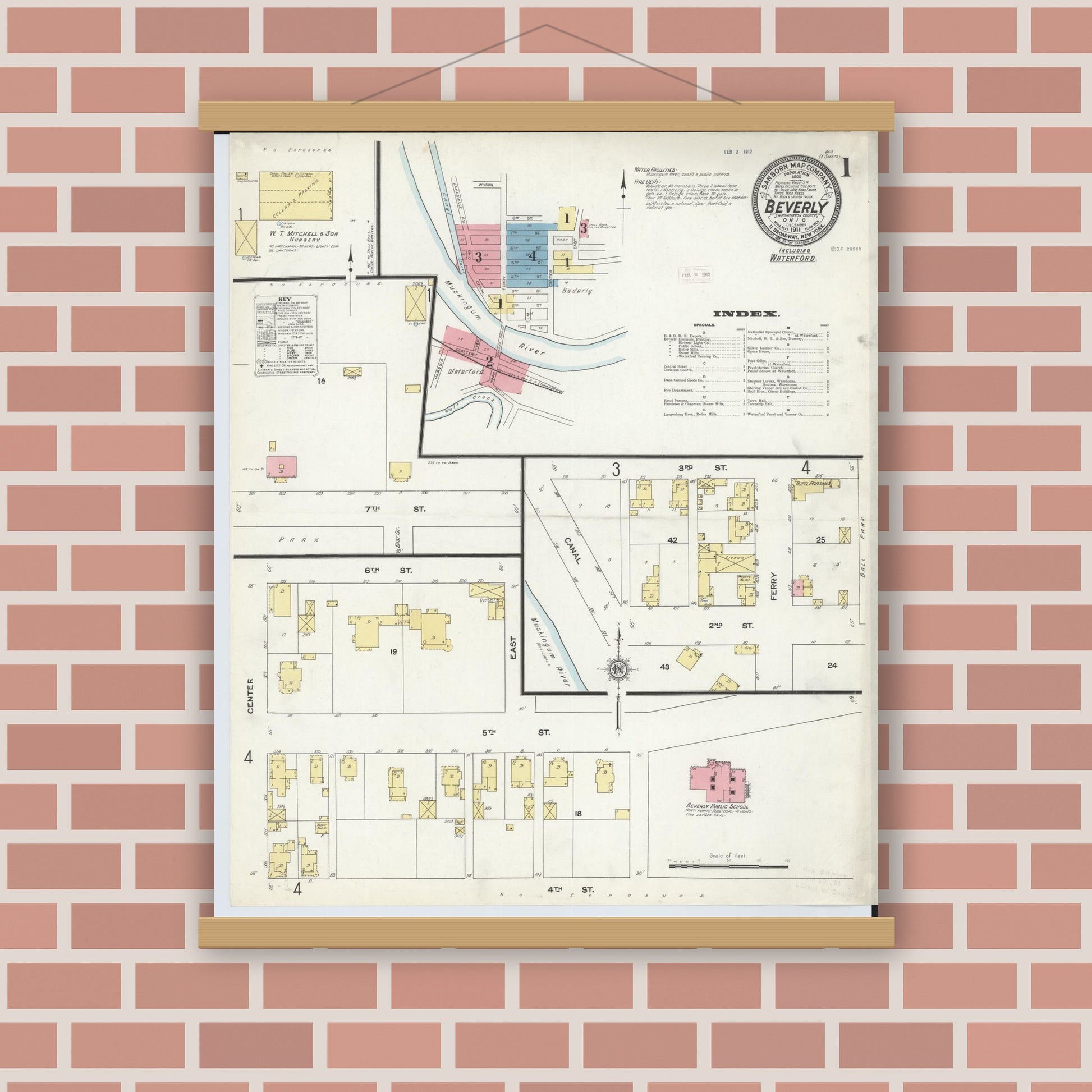 Old map wall art mockup — magnetic wood frame on brick wall — Sanborn Fire Insurance Map from Beverly, Washington County, Ohio (1911), Sheet #0001