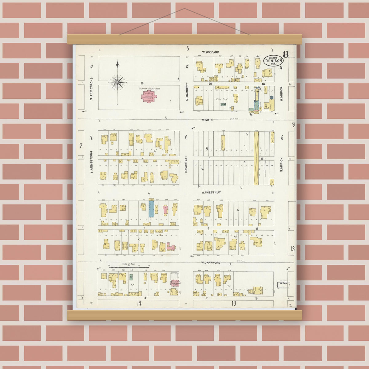 Old map wall art mockup — magnetic wood frame on brick wall — Sanborn Fire Insurance Map from Denison, Grayson County, Texas (1903), Sheet #0008