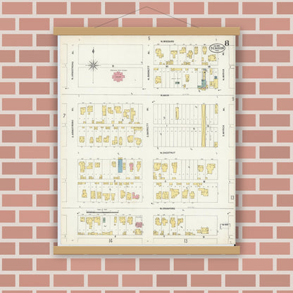 Old map wall art mockup — magnetic wood frame on brick wall — Sanborn Fire Insurance Map from Denison, Grayson County, Texas (1903), Sheet #0008