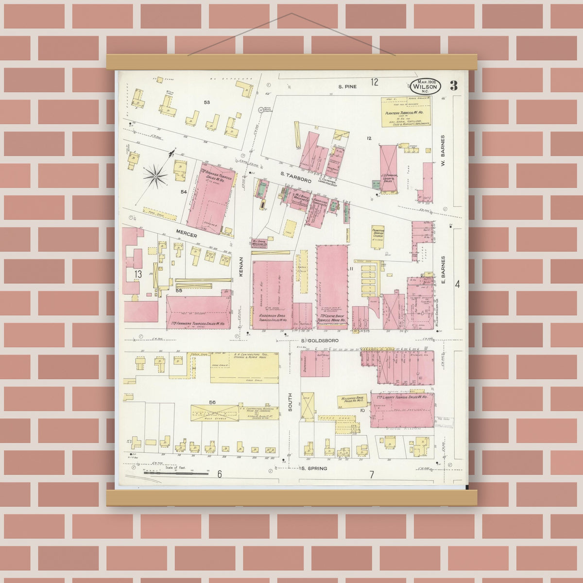 Old map wall art mockup — magnetic wood frame on brick wall — Sanborn Fire Insurance Map from Wilson, Wilson County, North Carolina (1908), Sheet #0003