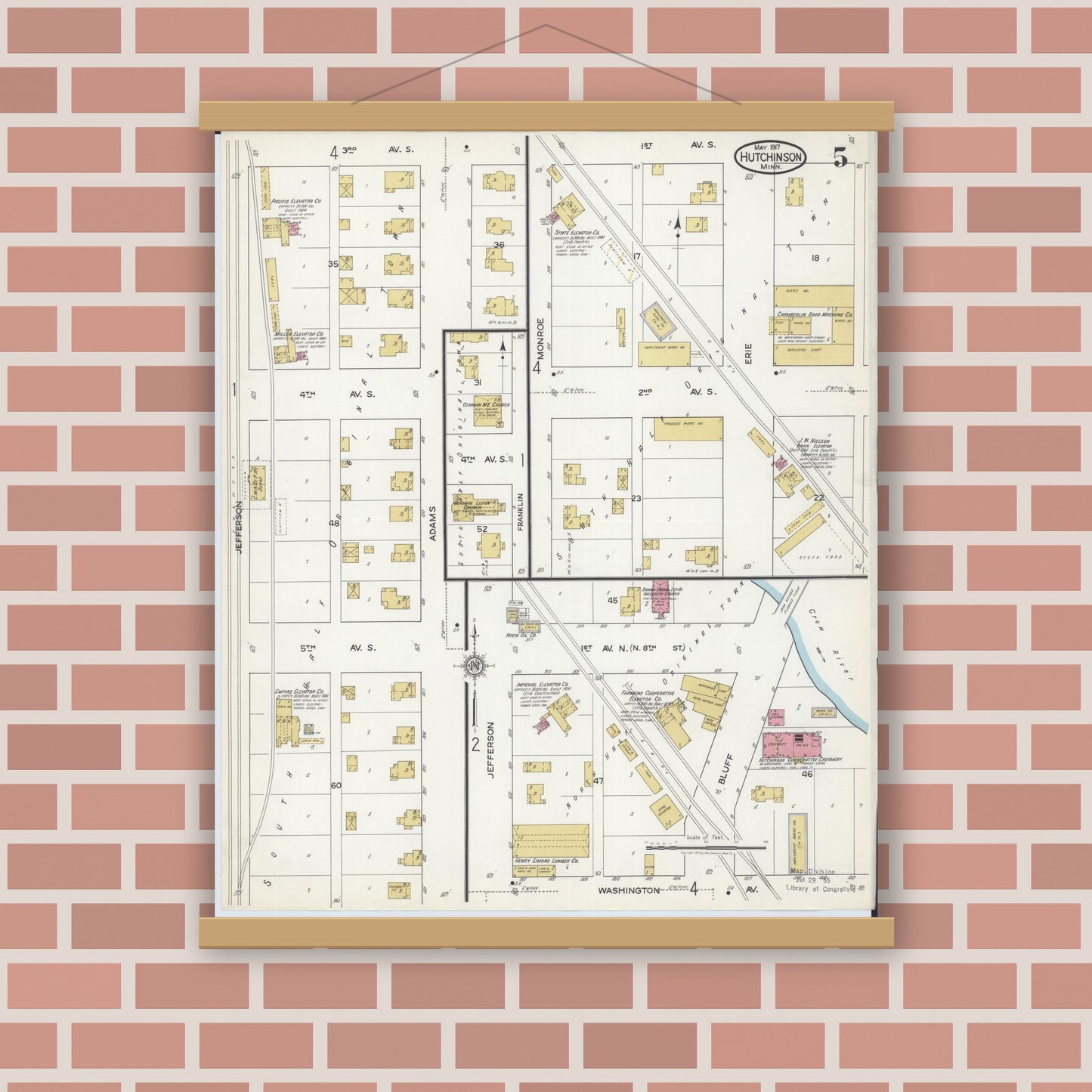 Old map wall art mockup — magnetic wood frame on brick wall — Sanborn Fire Insurance Map from Hutchinson, Mcleod County, Minnesota (1917), Sheet #0005