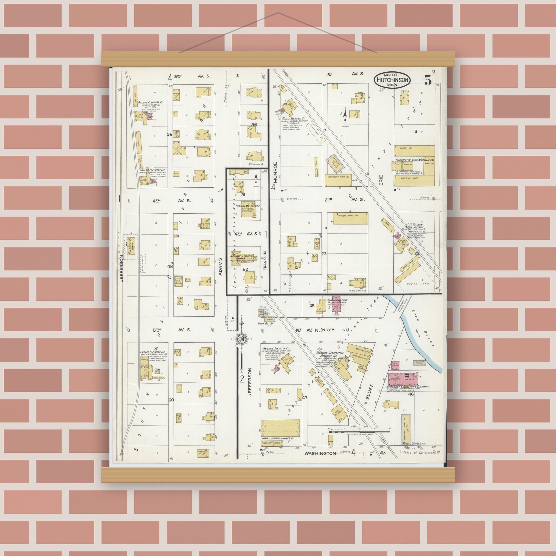 Old map wall art mockup — magnetic wood frame on brick wall — Sanborn Fire Insurance Map from Hutchinson, Mcleod County, Minnesota (1917), Sheet #0005