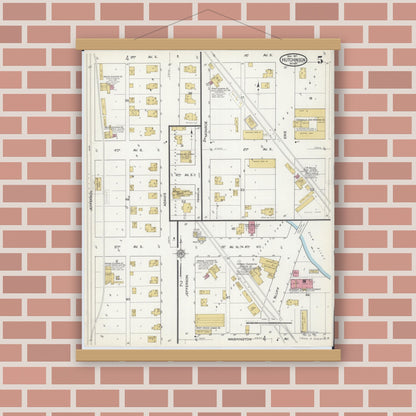 Old map wall art mockup — magnetic wood frame on brick wall — Sanborn Fire Insurance Map from Hutchinson, Mcleod County, Minnesota (1917), Sheet #0005