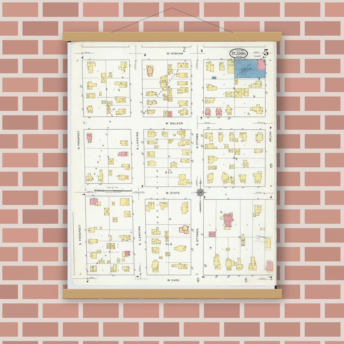 Old map wall art mockup — magnetic wood frame on brick wall — Sanborn Fire Insurance Map from Saint Johns, Clinton County, Michigan (1918), Sheet #0005