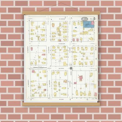 Old map wall art mockup — magnetic wood frame on brick wall — Sanborn Fire Insurance Map from Saint Johns, Clinton County, Michigan (1918), Sheet #0005
