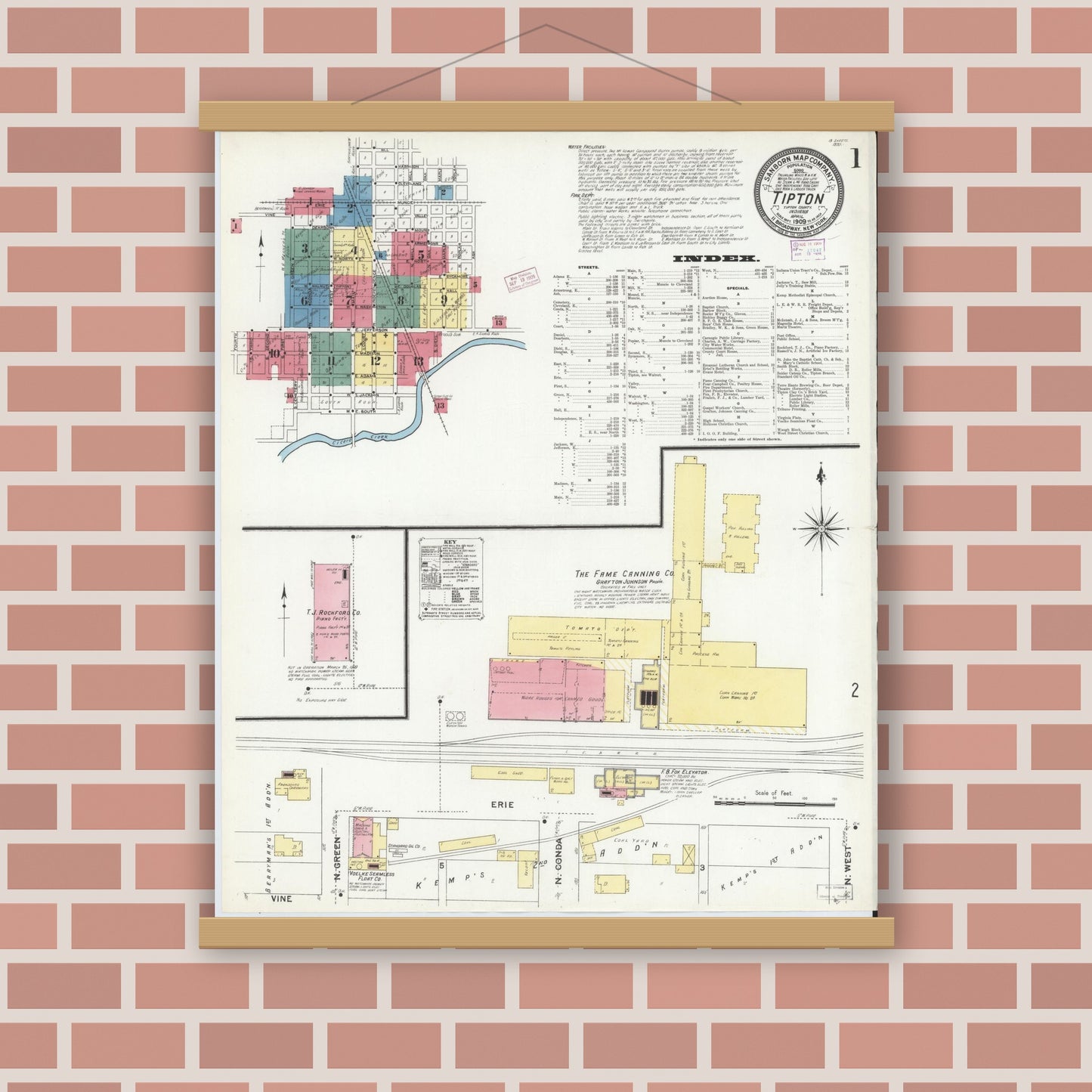 Old map wall art mockup — magnetic wood frame on brick wall — Sanborn Fire Insurance Map from Tipton, Tipton County, Indiana (1909), Sheet #0001