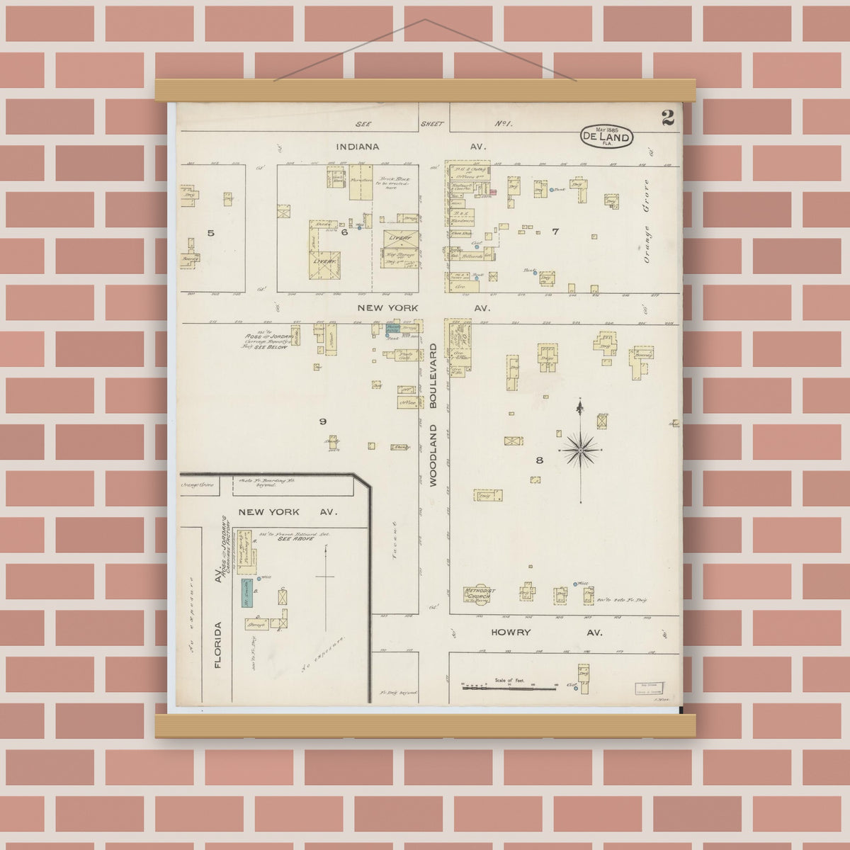Old map wall art mockup — magnetic wood frame on brick wall — Sanborn Fire Insurance Map from De Land, Volusia County, Florida (1885), Sheet #0002