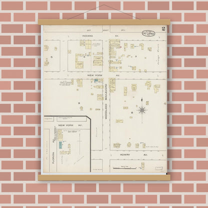 Old map wall art mockup — magnetic wood frame on brick wall — Sanborn Fire Insurance Map from De Land, Volusia County, Florida (1885), Sheet #0002