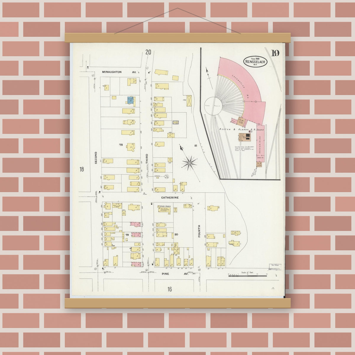 Old map wall art mockup — magnetic wood frame on brick wall — Sanborn Fire Insurance Map from Rensselaer, Rensselaer County, New York (1909), Sheet #0019