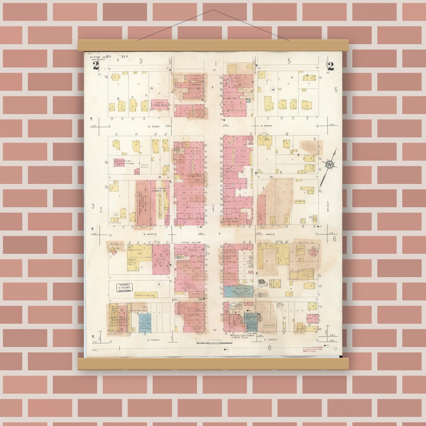 Old map wall art mockup — magnetic wood frame on brick wall — Sanborn Fire Insurance Map from Slater, Saline County, Missouri (1944), Sheet #0002
