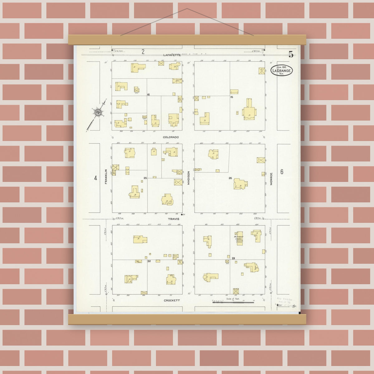 Old map wall art mockup — magnetic wood frame on brick wall — Sanborn Fire Insurance Map from La Grange, Fayette County, Texas (1912), Sheet #0005