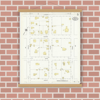 Old map wall art mockup — magnetic wood frame on brick wall — Sanborn Fire Insurance Map from La Grange, Fayette County, Texas (1912), Sheet #0005