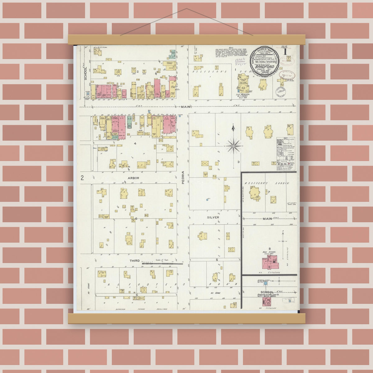 Old map wall art mockup — magnetic wood frame on brick wall — Sanborn Fire Insurance Map from Bradford, Stark County, Illinois (1899) - Complete Map Set