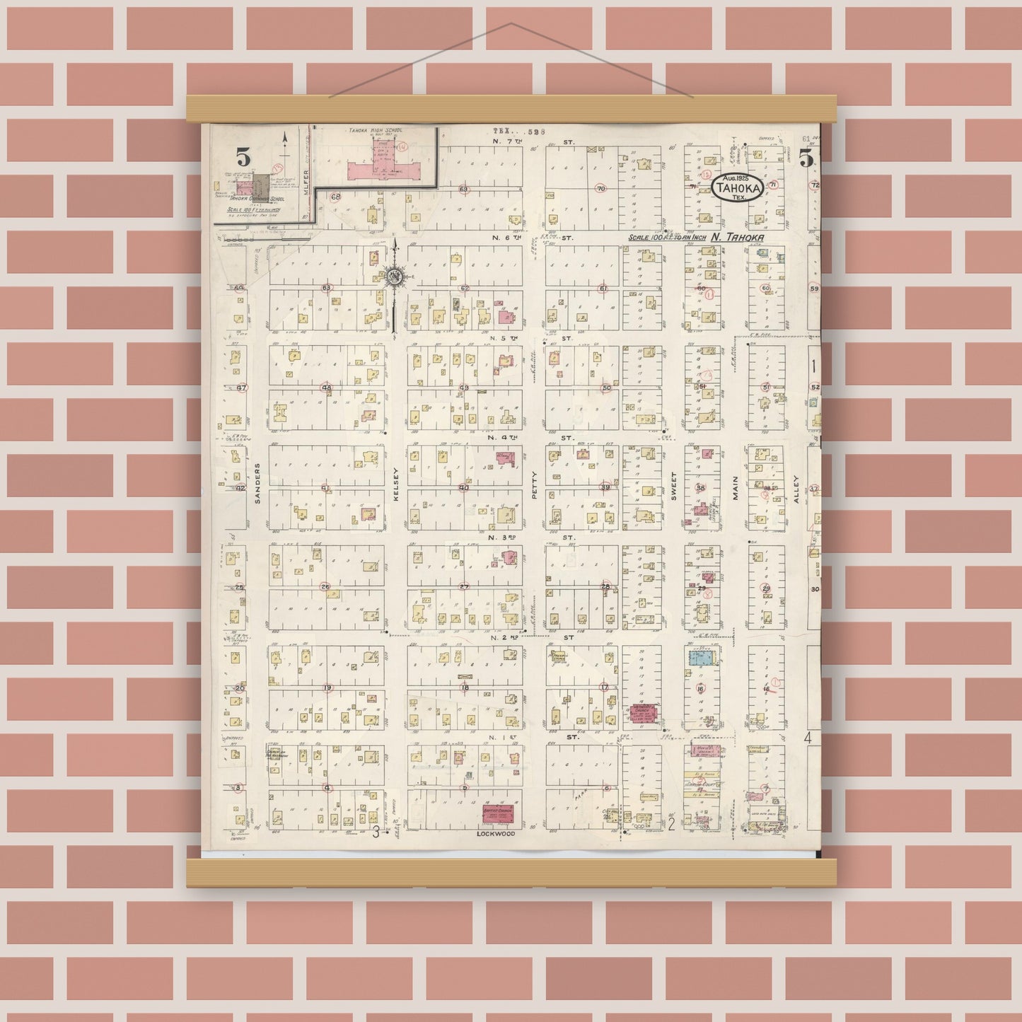 Old map wall art mockup — magnetic wood frame on brick wall — Sanborn Fire Insurance Map from Tahoka, Lynn County, Texas (1941), Sheet #0005