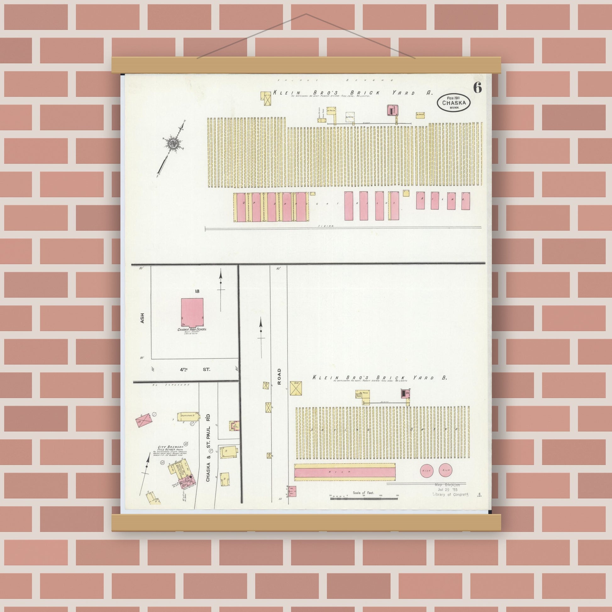 Old map wall art mockup — magnetic wood frame on brick wall — Sanborn Fire Insurance Map from Chaska, Carver County, Minnesota (1911), Sheet #0006