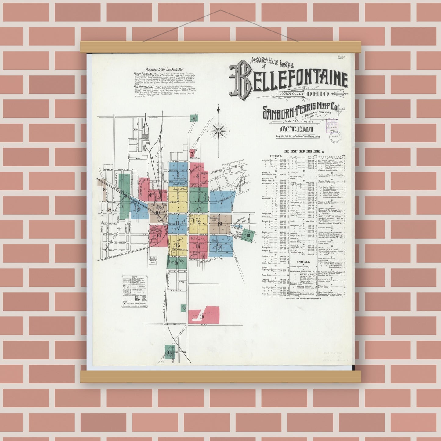 Old map wall art mockup — magnetic wood frame on brick wall — Sanborn Fire Insurance Map from Bellefontaine, Logan County, Ohio (1901), Sheet #0001