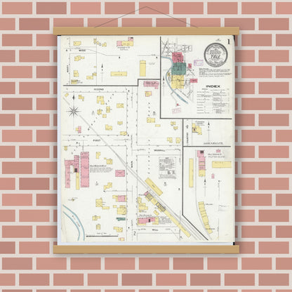 Old map wall art mockup — magnetic wood frame on brick wall — Sanborn Fire Insurance Map from Yale, Saint Clair County, Michigan (1909) - Complete Map Set