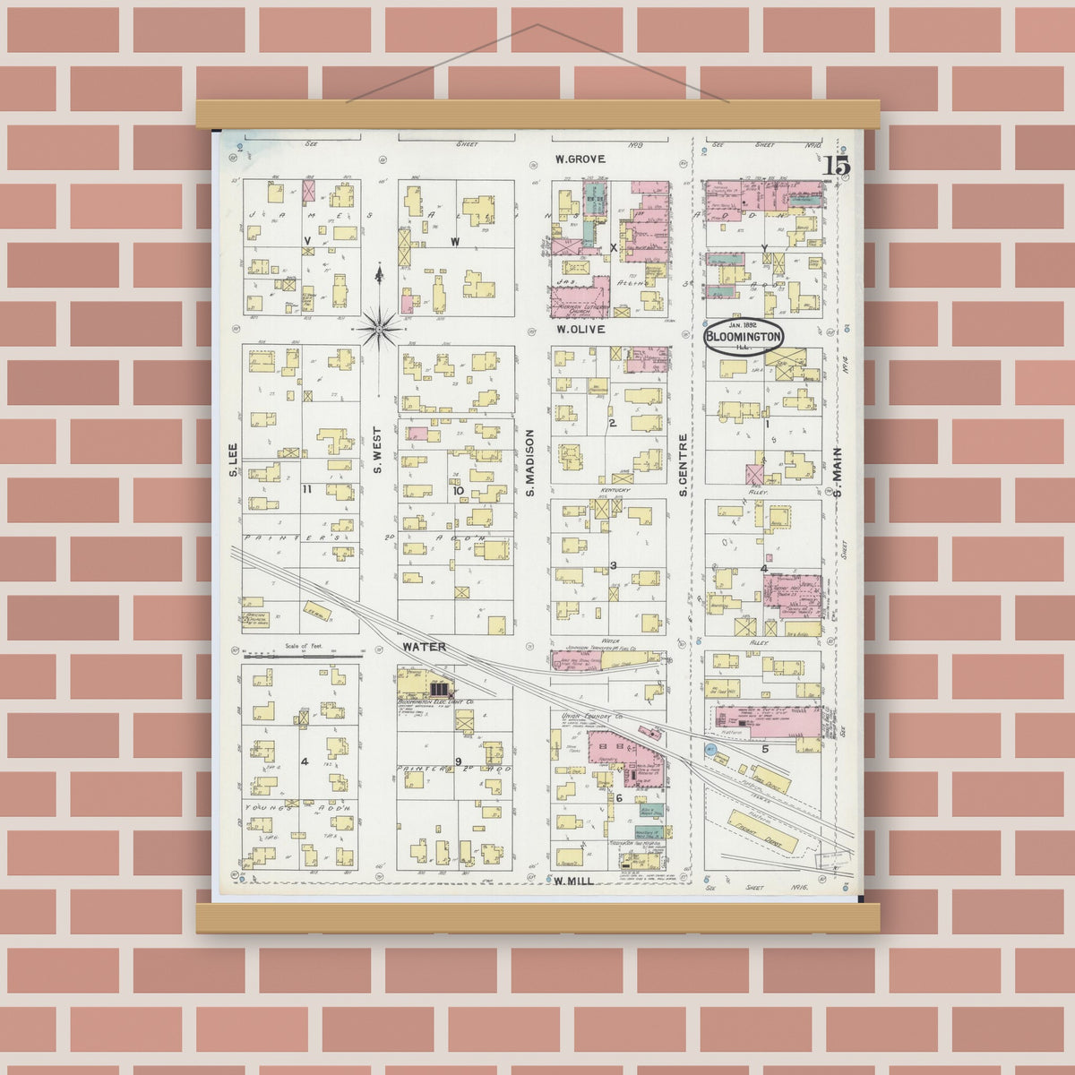 Old map wall art mockup — magnetic wood frame on brick wall — Sanborn Fire Insurance Map from Bloomington, McLean County, Illinois (1892), Sheet #0015