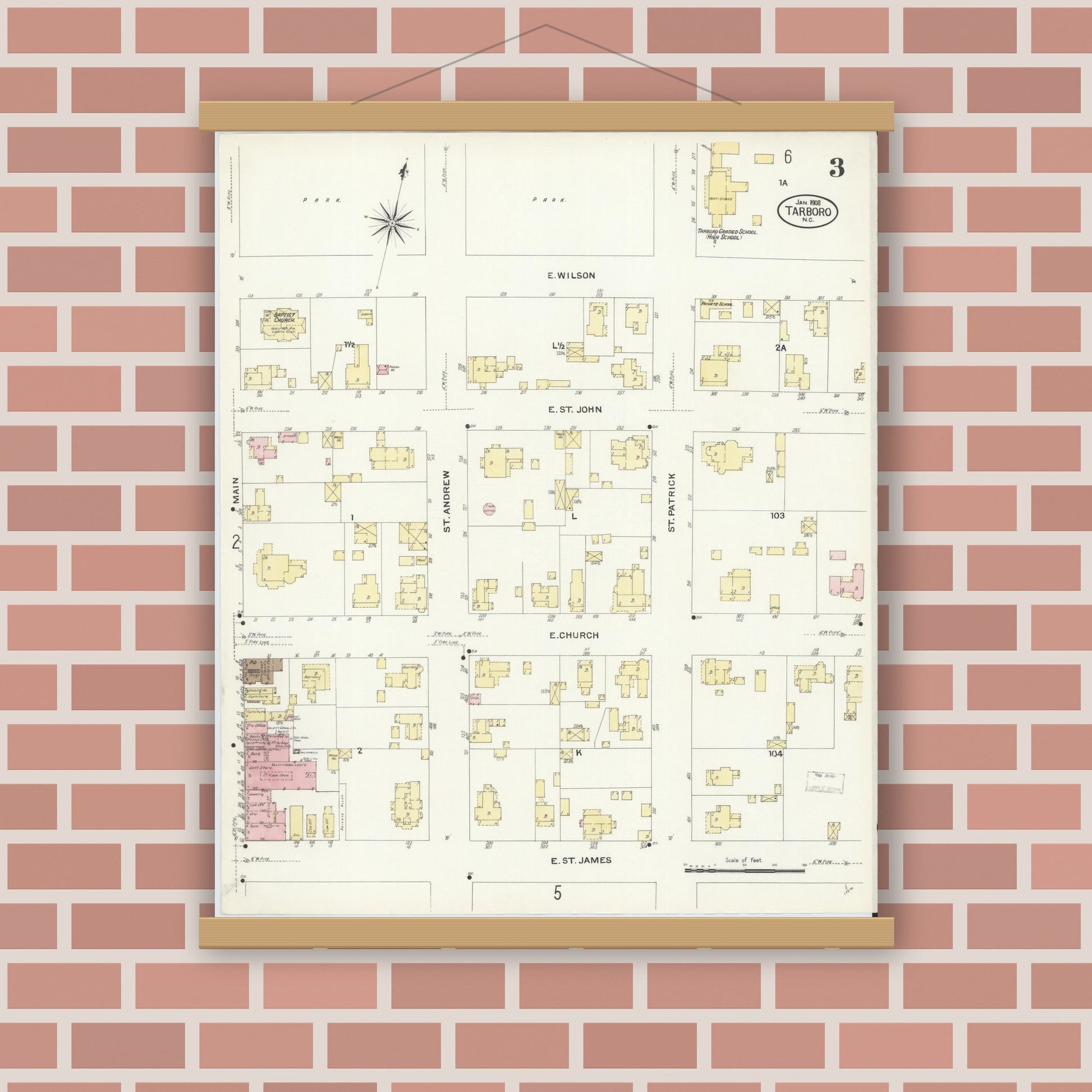 Old map wall art mockup — magnetic wood frame on brick wall — Sanborn Fire Insurance Map from Tarboro, Edgecombe County, North Carolina (1908), Sheet #0003