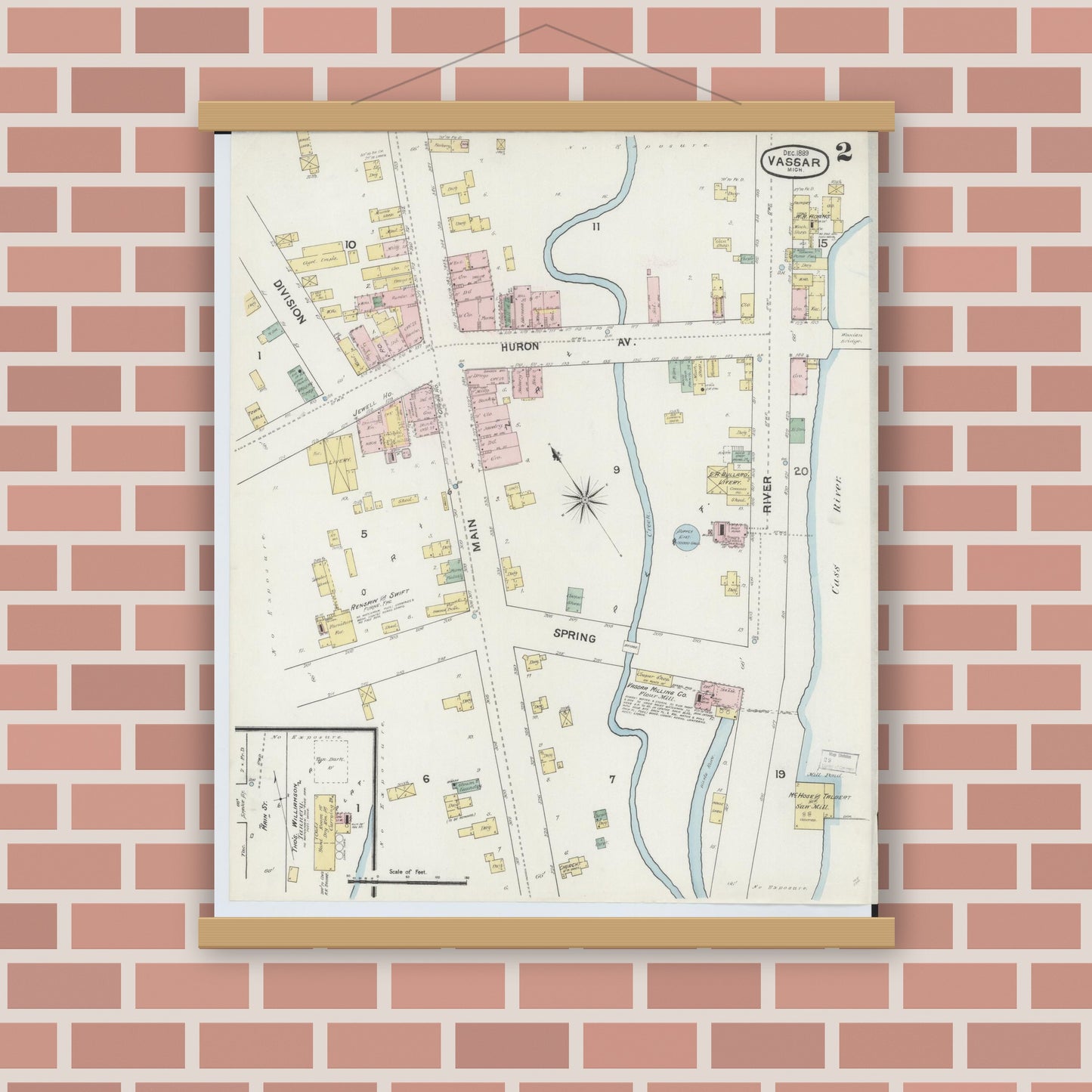 Old map wall art mockup — magnetic wood frame on brick wall — Sanborn Fire Insurance Map from Vassar, Tuscola County, Michigan (1889), Sheet #0002