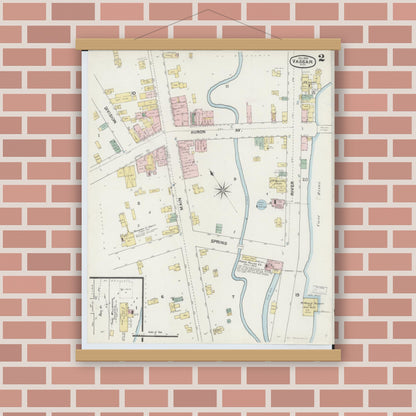 Old map wall art mockup — magnetic wood frame on brick wall — Sanborn Fire Insurance Map from Vassar, Tuscola County, Michigan (1889), Sheet #0002